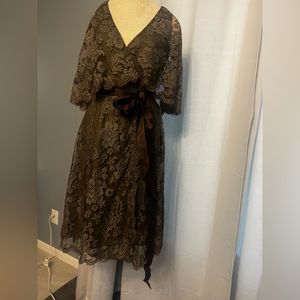 Vintage Women’s Midi Sleeveless Green Satin And Brown Lace Harold Levine Sze 6